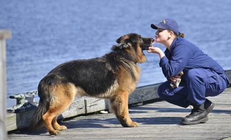 Seaman Nina Bowen shows some love to Chief Bert, Station Elizabeth City, North Carolina's mascot, near the boathouse at the station Feb. 17, 2017. Chief Bert is a retired explosive detection dog who worked for six years with the Maritime Safety and Security Team in Gavelston, Texas. (U.S. Coast Guard photo by Petty Officer 2nd Class Nate Littlejohn)